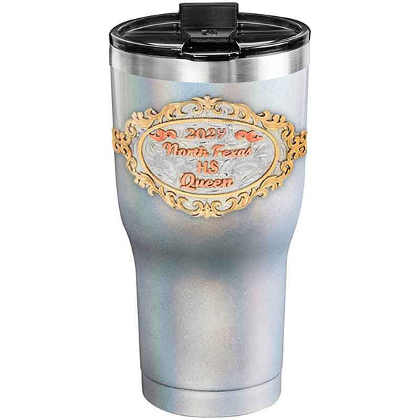 A customized tumbler made of stainless steel with a personalized engraved initials and North Texas High School Queen lettering, 30 oz, ideal for coffee or cool drinks